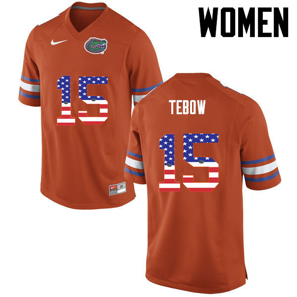 Women Florida Gators #15 Tim Tebow College Football USA Flag Fashion Jerseys-Orange - Click Image to Close